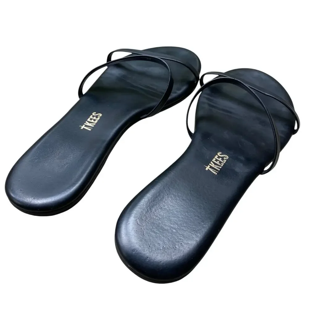 Tkees Gemma Leather Sandals US 8 Black Two Strap Slides Minimalist Neutral - Picture 7 of 14